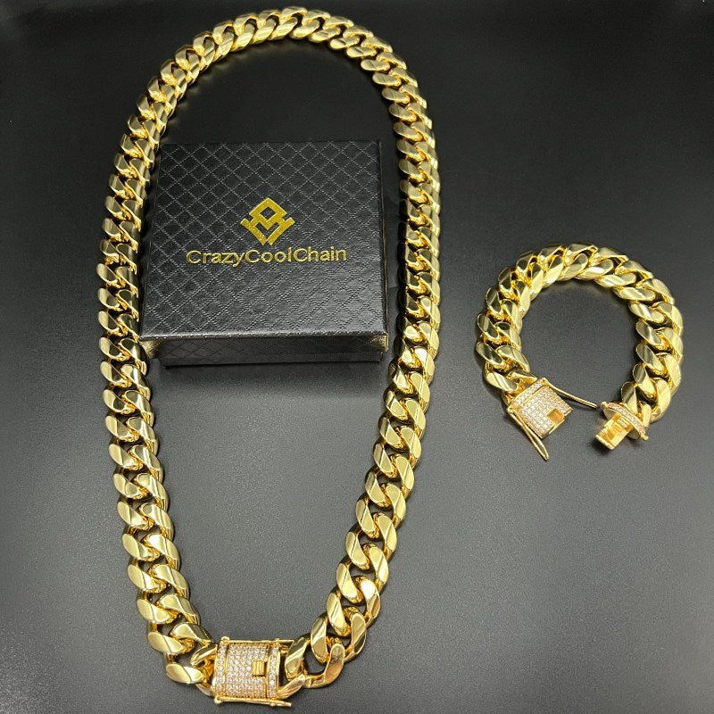 18mm Cuban Link Chain + 18mm Bracelet Set (18K Gold 5-Layer Plated